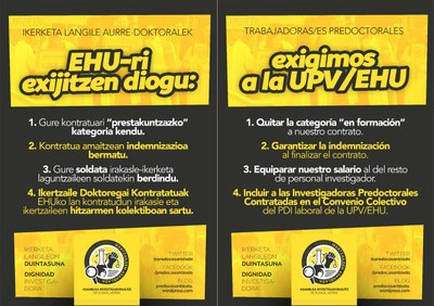 Doktorego aurreko ikertzaileen lan baldintzak hobetzeko eskaria egin diote UPV/EHUri
